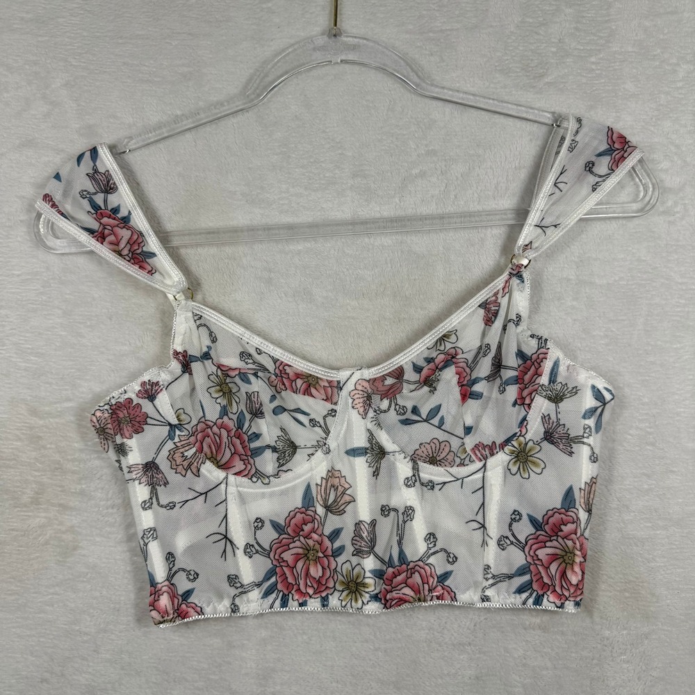 Floral Mesh Corset Top White Pink Bustier Sweetheart Neckline Boning Size M